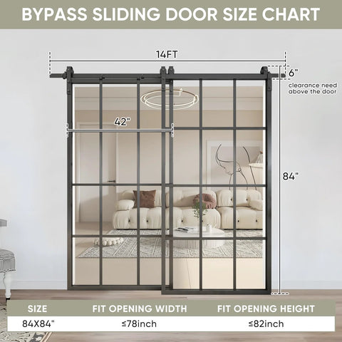 Bypass Double Glass Barn Door Kit With 84 By 84 In Clear Tempered Glass And 7.5 Ft Side Mounted Aluminum Black Frame Size Chart
