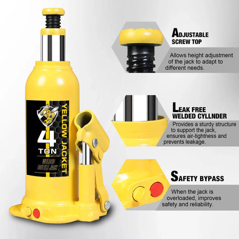 4 Ton Multi Directional Welded Bottle Jack With Carrying Case For Car Repair, yellow with adjustable screw top, and safety features.
