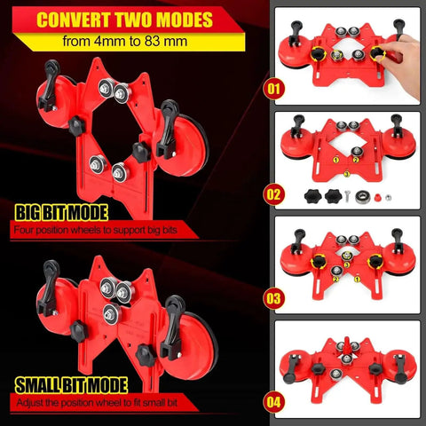 Diamond Hole Saw Kit For Glass Tile Porcelain Ceramic Marble 11 Piece Brazed Hollow Drill Bit Set 0.24 To 2 Inches With Double Suction Cup Guide Jig By WORKEASE For Precise Dry Or Wet Cutting And Long Lasting Performance, adjustable guide modes shown