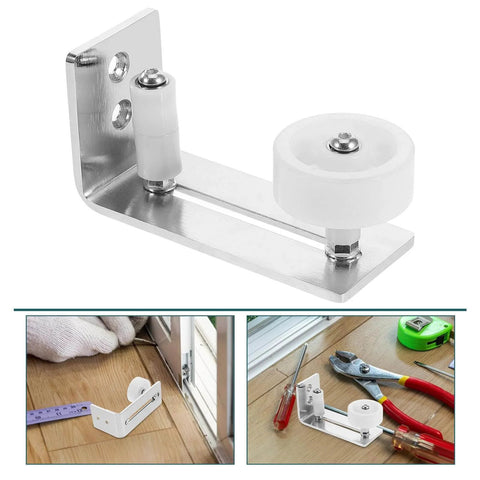 Sliding Barn Door Floor Guide With Wall Mount Track Hardware, Heavy-Duty Double Wheel Rubber Stopper Prevents Swing And Wall Damage, Bottom Rail Pocket Door Guide For Sturdy, Smooth Operation In Home Or Workshop.