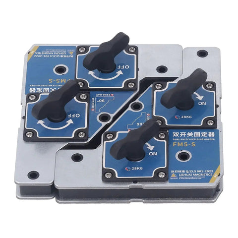 Two Pack Welding Magnets 28kg Magnetic Holder Set With On Off Switch 90 Degree Fixture, shown with multiple on-off switches