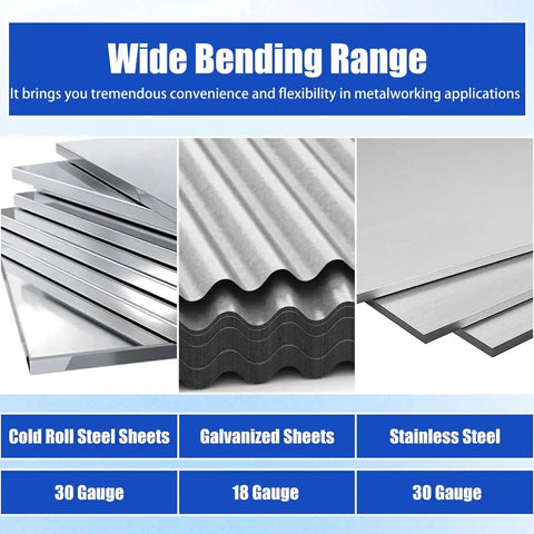 Wide bending range of 12 Inch Sheet Metal Bender with dual folding depths; cold roll, galvanized, stainless steel sheets displayed.