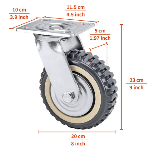 4 Pack 8 Inch Heavy Duty Swivel Caster Wheels, 2 With Brake And 2 Without, 360 Degree Ball Bearing Plate Casters, Anti Skid PU Wheels