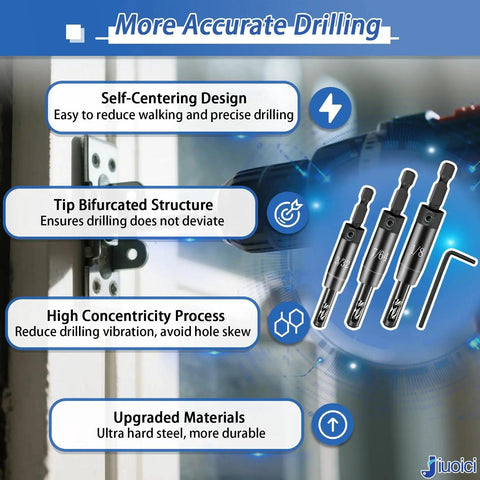 Upgraded Self Centering Hinge Drill Bit Set CC2430 Pro Grade Go-To Tool Includes Three Pilot Hole Bits on door hinge