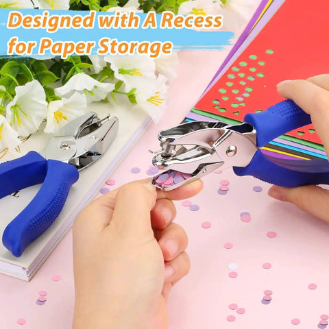 Close-up of Two Pack Round Hole Punch Set for Scrapbooking and Card Making, durable stainless steel punchers in blue, shown in use.