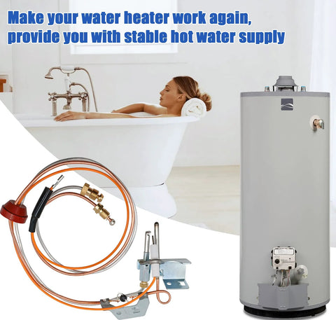 Pilot assembly replacement kit for natural gas water heater; copper line with brass fittings and valve.