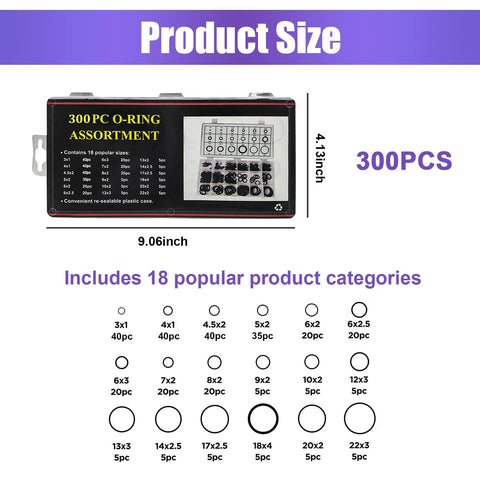 Povtii 300-piece O-ring assortment kit in a black plastic case with 18 sizes for automotive gasket repairs, 300 pcs