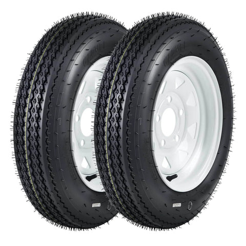 Beefed Up Heavy Duty Trailer Tire And Wheel Assembly Set Of 2 With 4.80-12 Bias Ply Tires Load Range C 6PR 12 Inch White Spoke Wheels 5 Lug