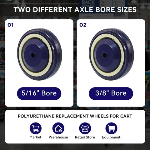 4 Inch Polyurethane Shopping Cart Wheels Replacement Casters Set Of 4 With 1200 Lbs Total Load Capacity Silent Shock Absorbing No Marking Ideal For Cart Furniture Utility Carts Durable And Quiet Rolling For Heavy Duty Use, showing two different axle bore sizes, 5/16 and 3/8.