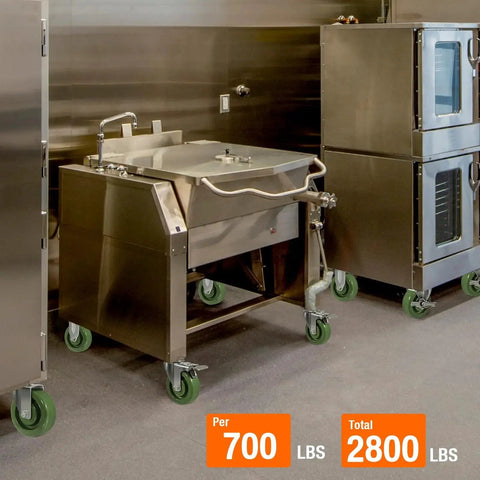 Commercial kitchen setup with heavy duty stainless steel bracket casters set of 4, 1.5 inch wheels, 2800 lb capacity