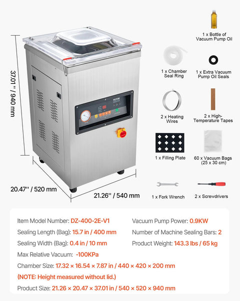VEVOR chamber vacuum sealer for kitchen use with LED display, compact one-touch control, 2 sealing strips and 60 bags
