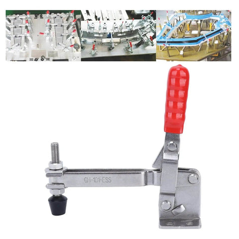 Quick Release Toggle Clamp For Jigs And Workbenches With Plastic Handle Guard Fast Clamping For Welding Woodworking And Metal Work Safe Reliable Hold Down Fixture For Circuit Boards And Metal Plates with stainless steel body and red plastic handle.