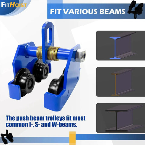 Manually Operated Trolley 1 Ton Capacity Steel Push Beam Trolley for I-Beams, Adjustable Flange Width, fits various beams