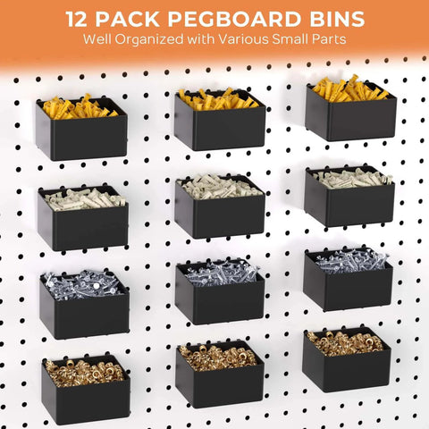 12-pack pegboard bins holding various small parts for organized storage on a perforated board.