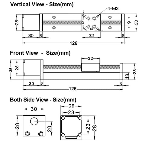 Technical diagram of 2 Inch Stroke Mini Linear Rail Stage Actuator Beefy For DIY CNC Router X Y Z Motion dimensions and layout.