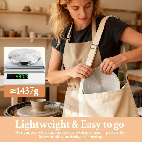 Woman carrying Pro Pottery Wheel For Ceramics By Yncotte, 12 Inch Sculpting Wheel, Double Sided Banding Wheel in a bag