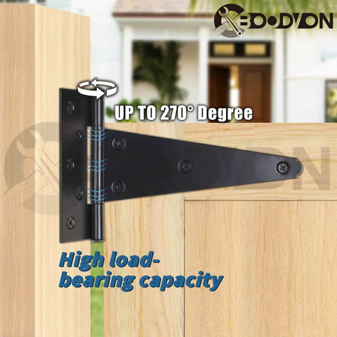4 Inch T Strap Gate Hinges Heavy Duty Black Iron Tee Hinges Made From Solid Iron With Glossy Powder Coating Installed on Wooden Gate