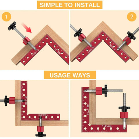 Pro Grade Corner Clamp Set For Woodworking 90 Degree Right Angle Clamps Aluminum Alloy With Extended Five And A Half Inch By Five And A Half Inch Clamping Range Four Pack For DIY Picture Frames Boxes Cabinets And Drawers showing installation and use.