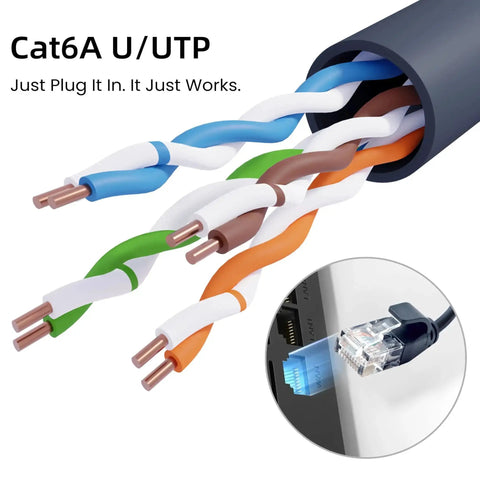 Close-up of Cat6A Ultra Slim Ethernet Patch Cable 20 Ft 34AWG U/UTP Black with copper conductors and connector for fast internet.