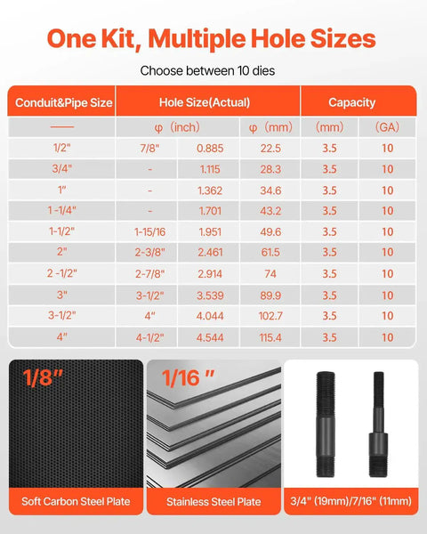 Chart showing sizes for 10 round dies in Heavy Duty 15 Ton Hydraulic Knockout Punch Set with images of steel plates and rods.