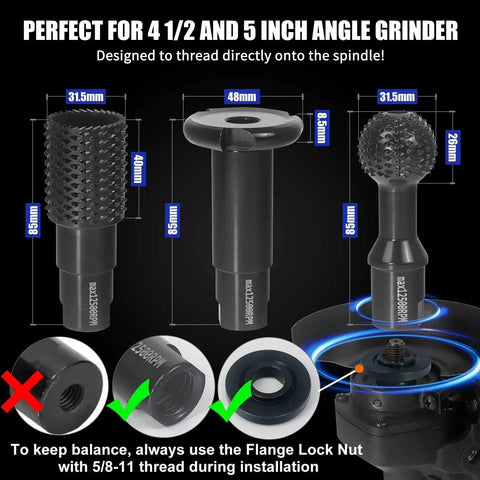 3 Piece Pro Grade Upgraded Wood Grinder Ball Gouge Set With 5/8-11 Threads For 4.5 And 5 Inch Angle Grinders