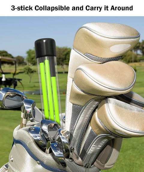 Golf Alignment Sticks 2 Pack, 48 Inch Swing Trainer in golf bag with clubs on grass