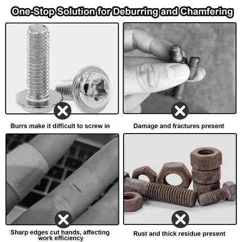 Infographic illustrating issues solved by Deburring External Chamfer Tool With Tungsten Carbide Blades For Copper Steel And Aluminum.