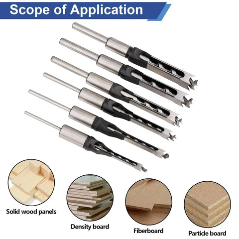 Square Hole Mortise Drill Bit Set For Mortising Machines And Drill Presses Delivers Clean Square Holes In Hardwood And Engineered Wood Not For Handheld Use Bearing Steel Six Bit Pack Pro With Inch Size Range From Quarter To Five Eighths Devvicoo displayed with scope of applications in woodworking materials.