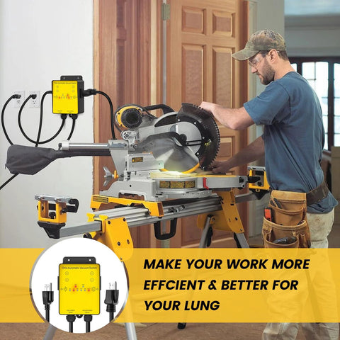 Ortis 220V Automatic Vacuum Switch with yellow control box mounted near outlets, connected to dust collector