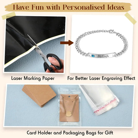 All In One Laser Engraving Jewelry Kit With 99 Pcs Materials And 46 Accessories For Necklace Bracelet Ring And Keychain DIY Crafting Includes Laser Marking Paper For Laser Engraver featuring laser marking paper, bracelet, card holder, and packaging bags.