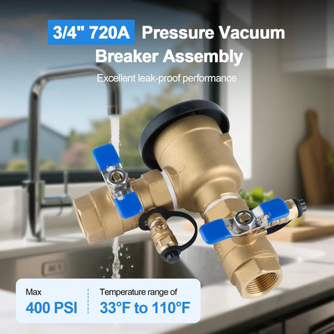 YEE 3/4 in brass pressure vacuum breaker assembly with blue-handled valves