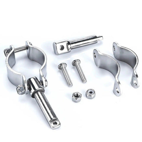 Two Pack 316 Stainless Steel Clamp On Oarlocks For Boats And Yachts with screws, adjustable sockets, and bolts displayed