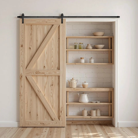 Heavy Duty Sliding Barn Door Hardware Kit For 60 Inch Wide Doors Up To 330 Lbs With Thickness Range Between One And Three Eighths And One And Three Quarters Inches Thick, Durable Carbon Steel Track And J Shape Rollers In Black Finish, Quiet Operation installed in a room with a natural wood sliding door.