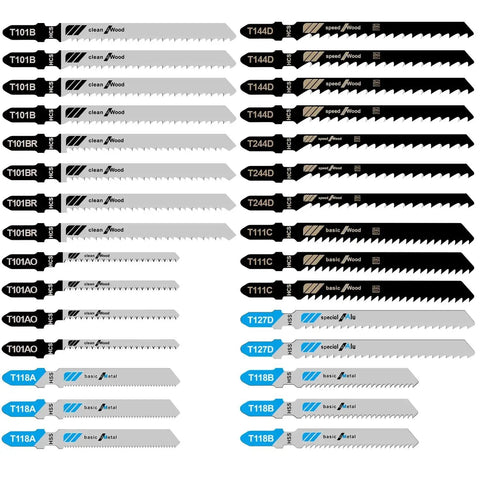 Image of 30-Piece Jigsaw Blades Set For Wood Metal And Plastic Cutting By Craluuur, T-Shank Variety Pack Includes T101AO T101B T101BR T118A T118B T144D T244D T111C T127D