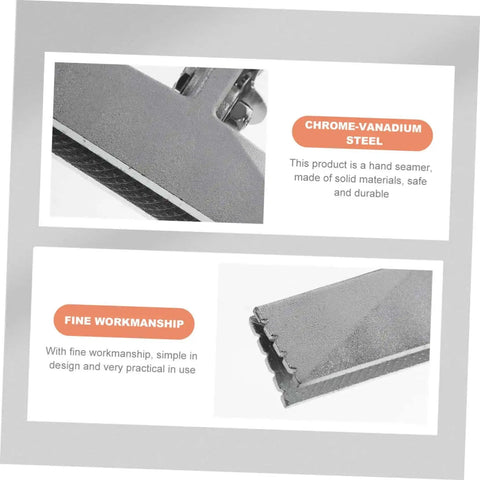Close-up of chrome-vanadium steel hand seamer tool with straight jaw bender for metal bending and flattening sheets.