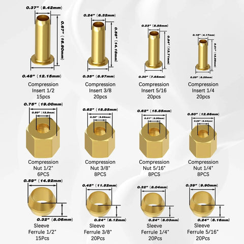 180 Piece Brass Compression Fittings Assortment Kit With Sleeve Ferrule Inserts And Nuts In Four Sizes Diagram