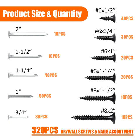 Product size chart showing Nails And Wood Screws Kit With 320 Pieces Size Six And Size Eight Philips Drywall Screws Black Finish