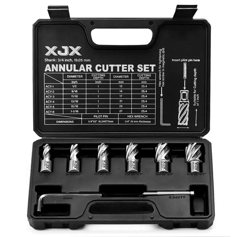 Annular Cutter Set for Magnetic Drill Press 8 Piece HSS High Speed Steel Bits with Weldon Shank in a black case, includes pilot pin and hex wrench.