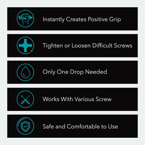 Liquid Paste Screw Grab For Stripped Screws Quick Dry Anti Seize Compound infographic with features like positive grip, screw ease.