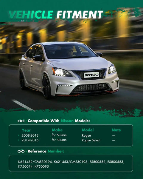 Front view of a white sedan with SCITOO logo on the grille and a green vehicle-fitment banner.