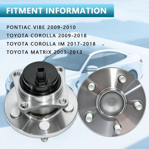 Rear Wheel Hub Bearing Assembly Drop In Ready 2 Pack Compatible With Toyota Corolla 2009 2019 Matrix 2009 2014 Pontiac Vibe 2009 2010 With ABS 5 Lug Durable OEM Style Replacement for Smooth Quiet Ride shown with fitment details background.