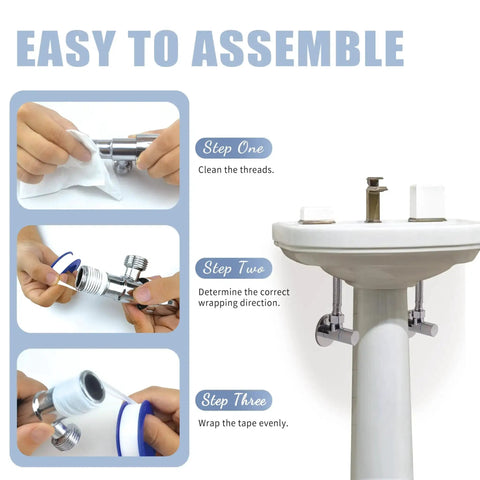 Two Rolls Premium Plumbers Tape For Leak Proof Seals PTFE Thread Seal Tape Half Inch Wide By Five Hundred Twenty Inches Long High Density Sealant instructions for use shown with a sink installation.