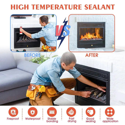 Man applying heavy duty high temp silicone sealant for oven, grill, and microwave on fireplace, illustrating before and after results.