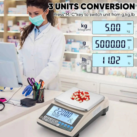 Pro Grade 0.01g Lab Scale With 5000g Capacity, Gram Counting Balance, RS232 Port, Calibration Weight shown in pharmacy