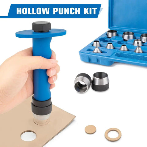 Pro Grade 13 Size Hollow Punch Kit For Leather Rubber Plastic And Gasket Easy Grip Handle in use on cardboard