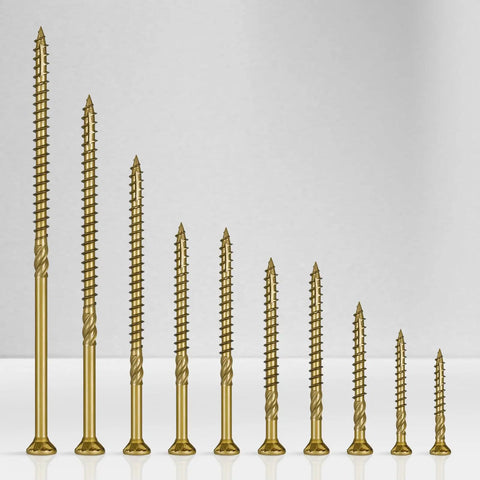Side view of multi-purpose wood deck screws number nine by two and a half inch bugle head golden coating T25 torx star drive