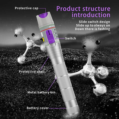 Purple visual fault locator for fiber optic cables with metal body, purple switch, and protective cap (VFL)