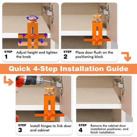 Versatile Cabinet Door Mounting Jig With Quick Edge Pin For Frameless And Face Frame Cabinets Pro Grade Adjustable shown in 4-step guide