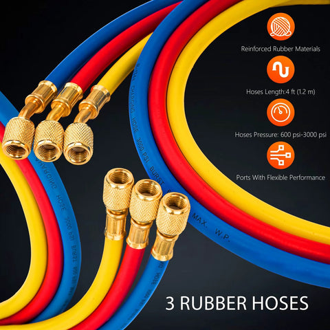 Vacuum hose set: three hoses with brass fittings in blue, red, and yellow for AC vacuum pump kit.