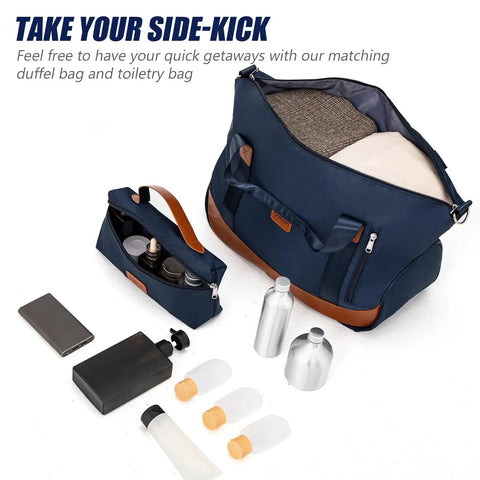 Cosbarn dark blue handbag and toiletry bag from Five Piece Luggage Set With TSA Lock And Spinner Wheels For Travel